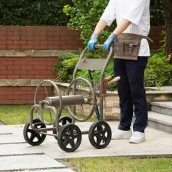 Glitzhome 250 ft. Steel Gray 4-Wheel Garden Hose Reel Cart