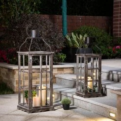 Glitzhome Oversized Natural Grey Farmhouse Wood/Metal Lantern (Set of 2)