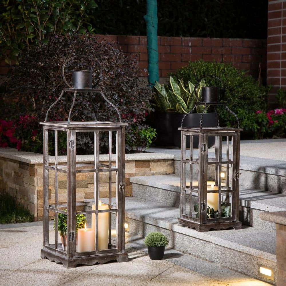 Glitzhome Oversized Natural Grey Farmhouse Wood/Metal Lantern (Set of 2) 3 Glitzhome Oversized Natural Grey Farmhouse Wood/Metal Lantern (Set of 2)