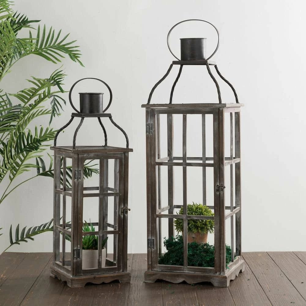Glitzhome Oversized Natural Grey Farmhouse Wood/Metal Lantern (Set of 2) 6 Glitzhome Oversized Natural Grey Farmhouse Wood/Metal Lantern (Set of 2) - Image 4
