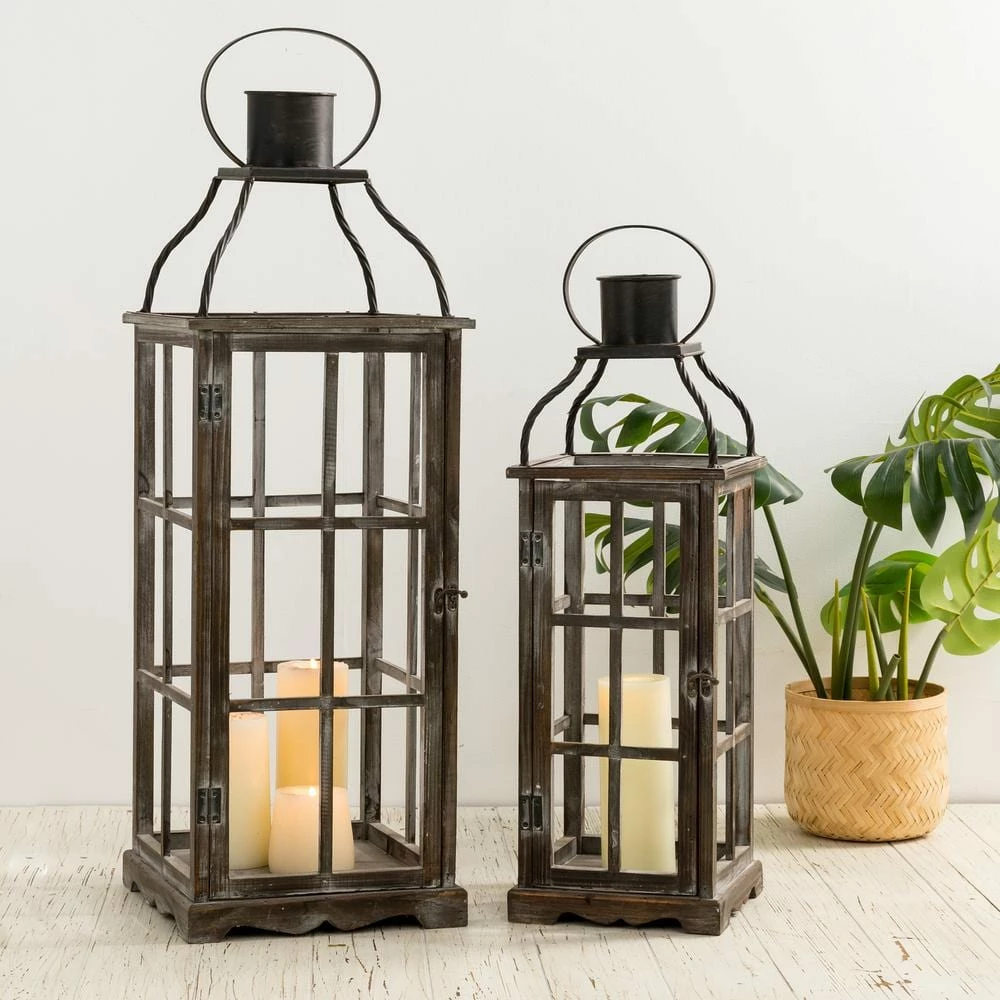 Glitzhome Oversized Natural Grey Farmhouse Wood/Metal Lantern (Set of 2) 7 Glitzhome Oversized Natural Grey Farmhouse Wood/Metal Lantern (Set of 2) - Image 5