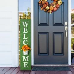 Glitzhome 42 in. H Wooden Washed Green WELCOME Porch Sign with Metal Planter -Design Toscano Sales Store green glitzhome plant pots 2007200036 31 1000