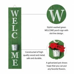 Glitzhome 42 in. H Wooden Washed Green WELCOME Porch Sign with Metal Planter -Design Toscano Sales Store green glitzhome plant pots 2007200036 c3 1000