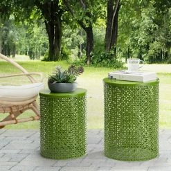Glitzhome Multi-Functional Metal Green Garden Stool or Plant Stand or Accent Table (Set of 2) -Design Toscano Sales Store green glitzhome plant stands 2003800011 31 1000