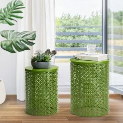 Glitzhome Multi-Functional Metal Green Garden Stool or Planter Stand or Accent Table or Side Table (Set of 2)