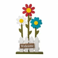 Glitzhome 35.75 in. H Rustic Wooden Trio Flowers and Fence Welcome Porch Decor