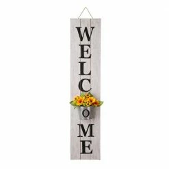 Glitzhome 42 in. H White Wooden Welcome Porch Sign with Metal Planter -Design Toscano Sales Store white glitzhome plant pots 2007200020 fa 1000