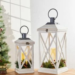 Glitzhome Wash White Farmhouse Modern Wooden Lanterns (Set of 2)