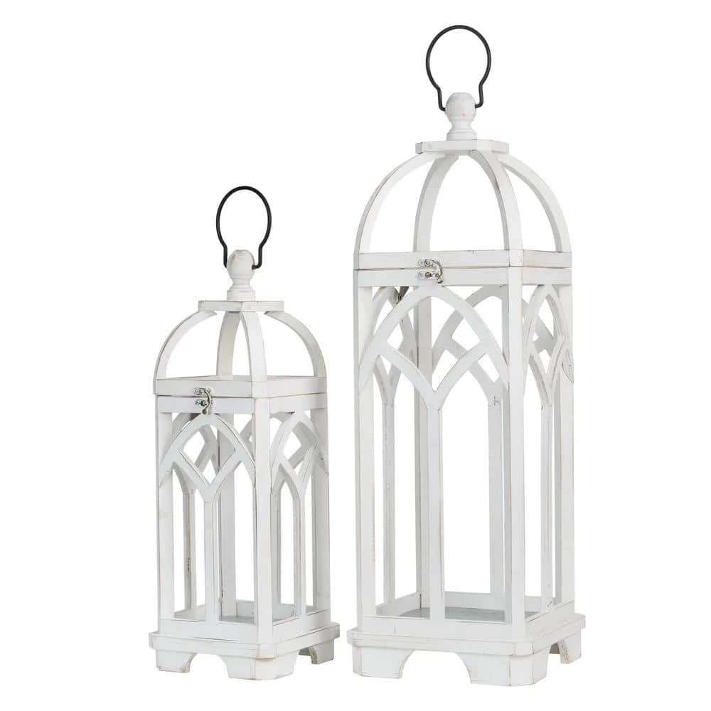 Glitzhome Wash White Farmhouse Wooden Church Window Frame Lanterns (Set of 2) 7 Glitzhome Wash White Farmhouse Wooden Church Window Frame Lanterns (Set of 2) - Image 5