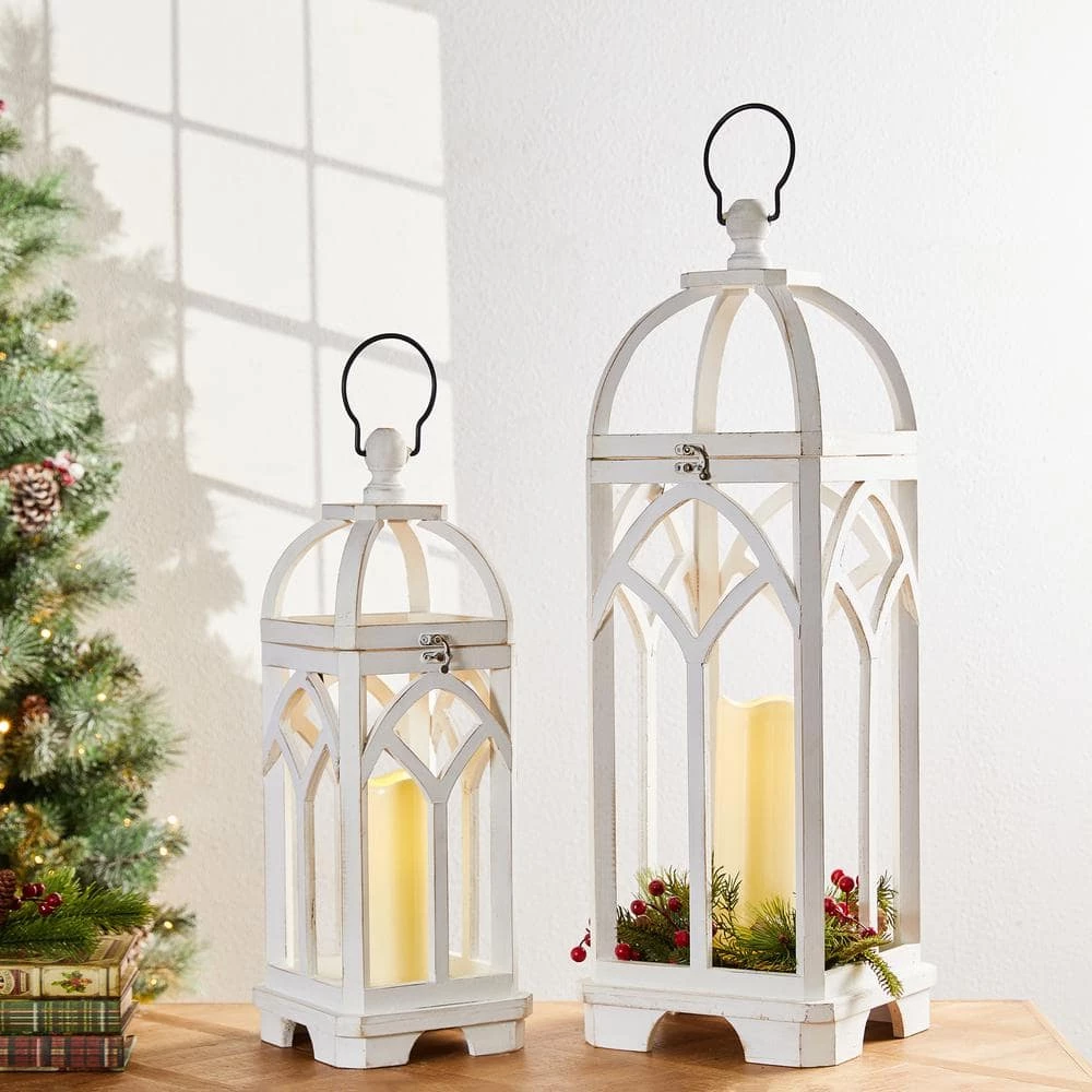 Glitzhome Wash White Farmhouse Wooden Church Window Frame Lanterns (Set of 2) 3 Glitzhome Wash White Farmhouse Wooden Church Window Frame Lanterns (Set of 2)