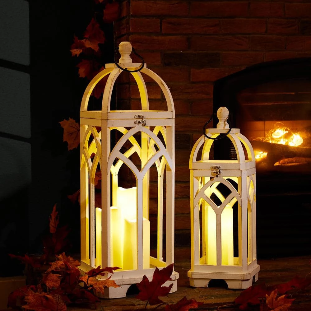 Glitzhome Wash White Farmhouse Wooden Church Window Frame Lanterns (Set of 2) 4 Glitzhome Wash White Farmhouse Wooden Church Window Frame Lanterns (Set of 2) - Image 2