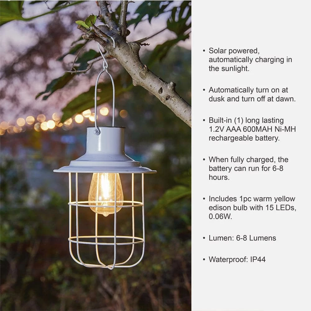 Glitzhome 9.75 in. H White Metal Wire Solar Powered Outdoor Hanging Lantern 5 Glitzhome 9.75 in. H White Metal Wire Solar Powered Outdoor Hanging Lantern - Image 3